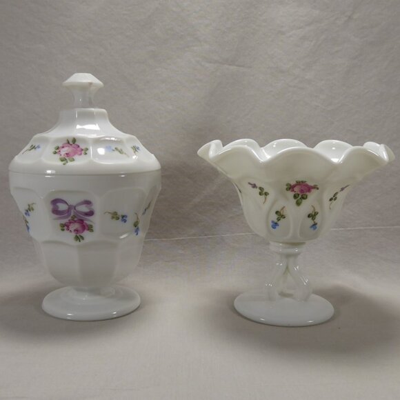 Westmoreland Hand Painted Milk Glass Lidded Pedestal Candy Jar + Ruffled Compote - Picture 1 of 16